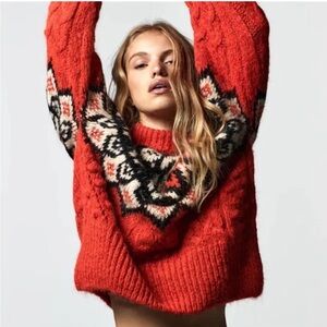 Zara Red and Black Patterned Sweater